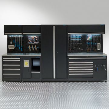 Werkstatteinrichtung PREMIUM mit Edelstahl-Arbeitsplatte – 362 cm