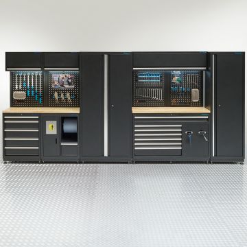 Werkstatteinrichtung PREMIUM mit Eichen-Arbeitsplatte – 422 cm lang