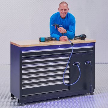 Premium Werkbank mit Strom- und Drucklufthaspel – 136 cm – Eichenholz-Arbeitsplatte