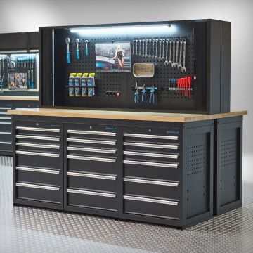 PRO Werkbank – 2X 200 cm – Eiche – 36 Schubladen und 2X abschließbarer Lochwandschrank – Schwarz