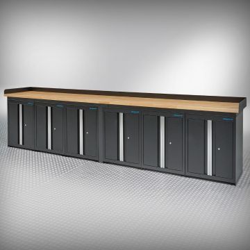 PRO Werkbank 400 cm – Eiche – 6 Türschränke – schwarz