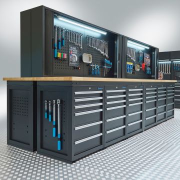 PRO Werkbank – 2X 400 cm – Eiche – 72 Schubladen und 4X abschließbarer Lochwandschrank – schwarz