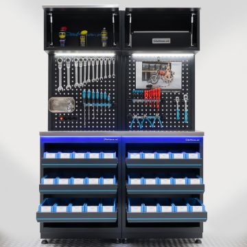 Werkstatteinrichtung PREMIUM mit Edelstahl-Arbeitsplatte und Aufbewahrungsboxen – 136 cm