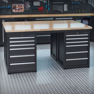 PRO Werkbank – 2X 200 cn – Eiche – 4 Schubladenschränke mit 24 Schubladen – schwarz