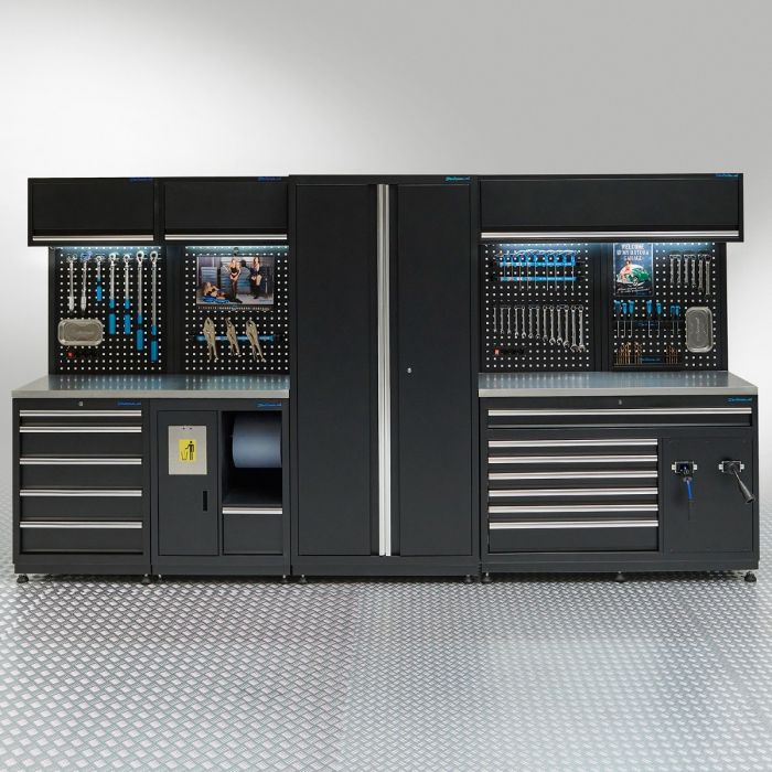 Werkstatteinrichtung PREMIUM mit Edelstahl-Arbeitsplatte – 362 cm