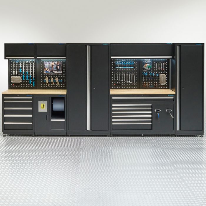 Werkstatteinrichtung PREMIUM mit Eichen-Arbeitsplatte – 422 cm lang