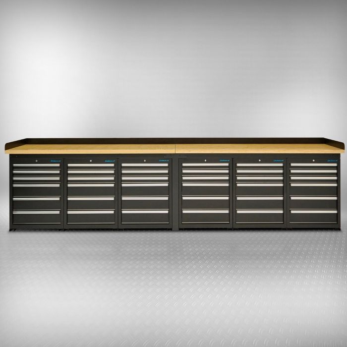 PRO Werkbank 400 cm – Bambus – 6 Schubladenschränke mit 36 Schubladen – Schwarz
