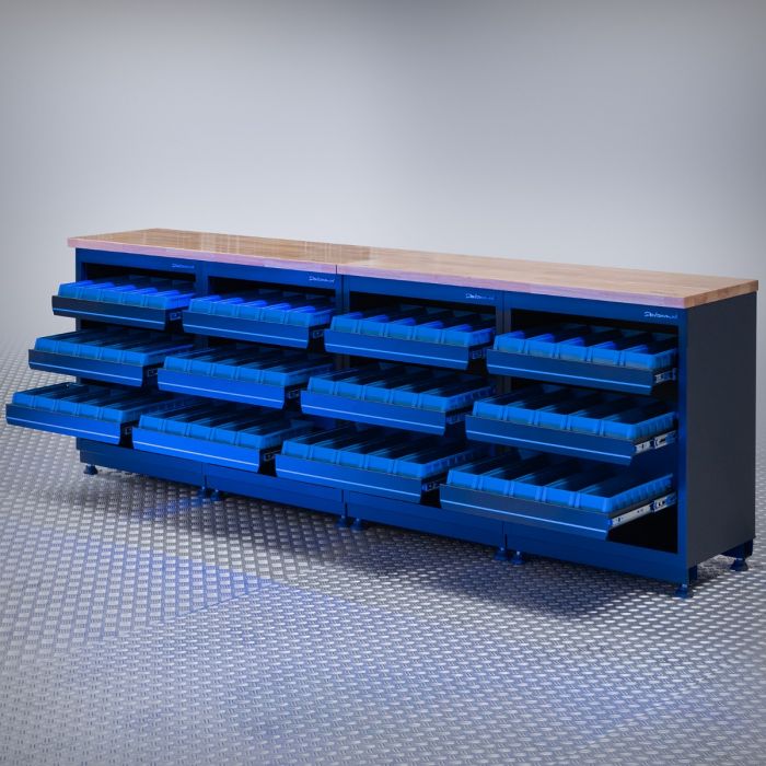 Werkbank PREMIUM Eichen-Arbeitsplatte mit Aufbewahrungsboxen – 272 cm