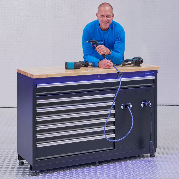 Premium Werkbank mit Strom- und Drucklufthaspel – 136 cm – Eichenholz-Arbeitsplatte