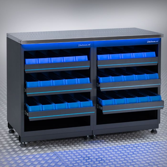 Werkbank PREMIUM Edelstahl-Arbeitsplatte mit Aufbewahrungsboxen – 136 cm