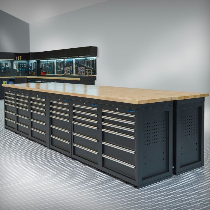PRO Werkbank – 2X 400 cm – Eiche – 12 Schubladenschränke mit 72 Schubladen – Schwarz