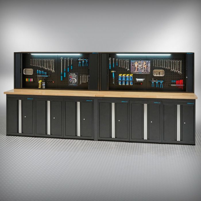 PRO Werkbank 400 cm – 6 Türschränke – 2X abschließbarer Lochwandschrank – schwarz