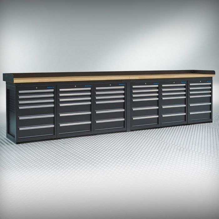 Werkbank PRO – schwarz – 36 Schubladen – 400 cm – Eichenplatte