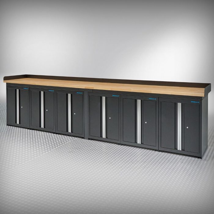PRO Werkbank 400 cm – Eiche – 6 Türschränke – schwarz