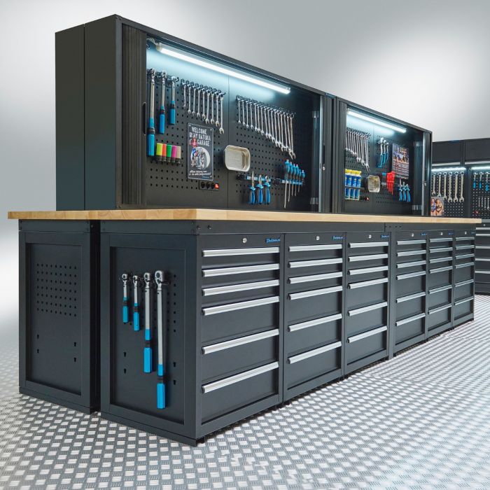 PRO Werkbank – 2X 400 cm – Eiche – 72 Schubladen und 4X abschließbarer Lochwandschrank – schwarz